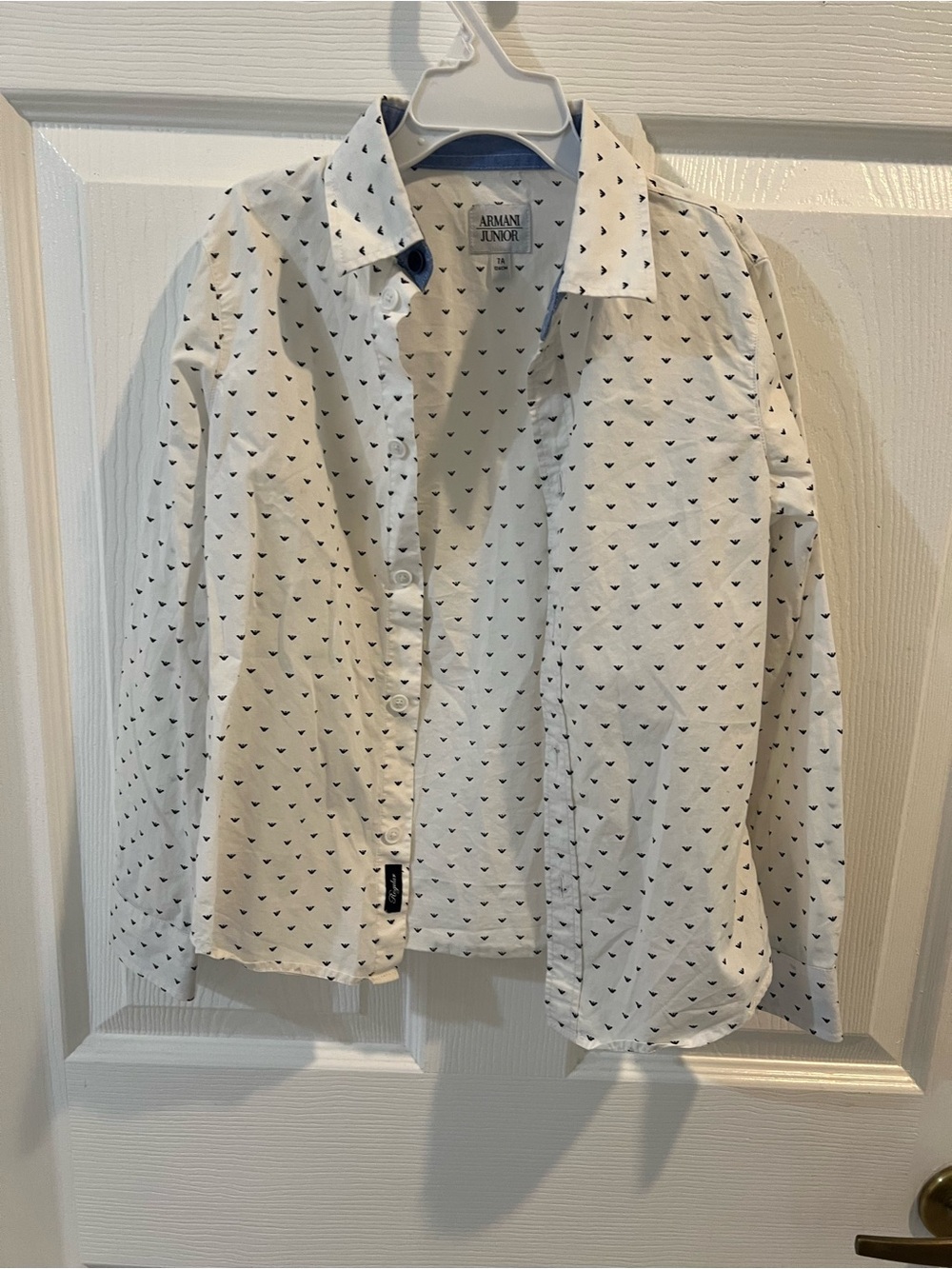 Armani Junior Long Sleeve White Button-Down Shirt with Navy Micro Print